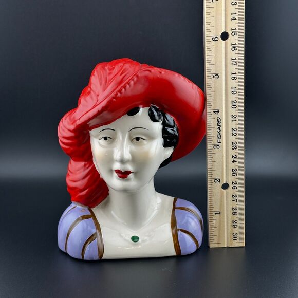 Vintage Lady Head Bust Figurine Ceramic Red Hat with Feather Hand Painted 5.5" H - Picture 7 of 8